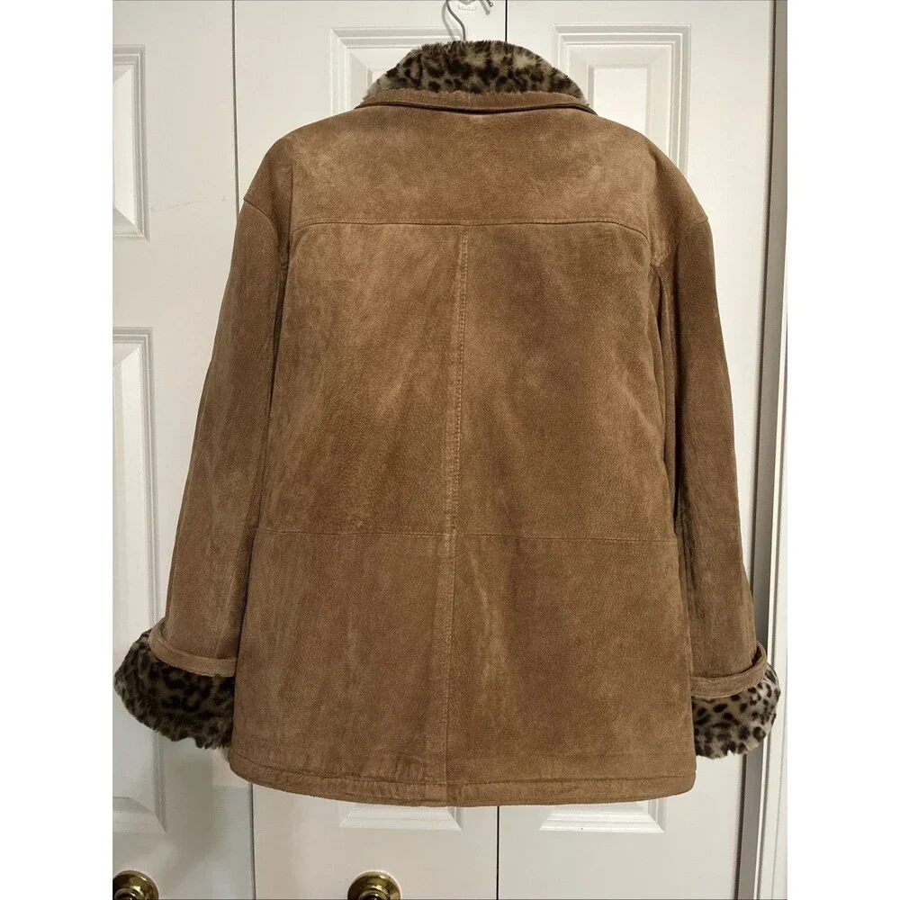 Women's Marvin Richards J. Percy Leather Faux Fur Coat Leopard Lining Sz XS Vtg